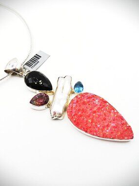STARBORN CREATIONS Sterling Silver Agate Dryzy Topaz Pearl Onyx Pendant Necklace